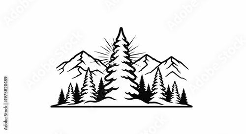 Stylized forest scene with coniferous trees and mountains under sunburst