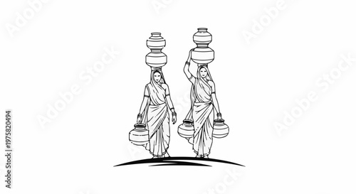 Two women in traditional attire carrying water pots on their heads
