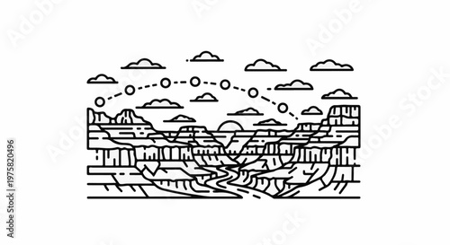Stylized outline of a grand canyon with a winding river and clouds