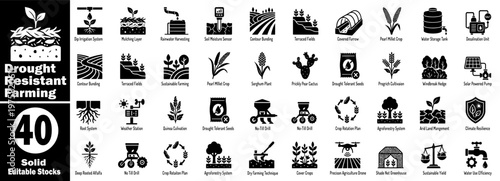 Drought resistant farming glyph icons, solid editable stocks collection.