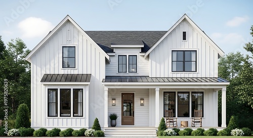Modern farmhouse exterior featuring white vertical siding black window frames and a welcoming covered front porch