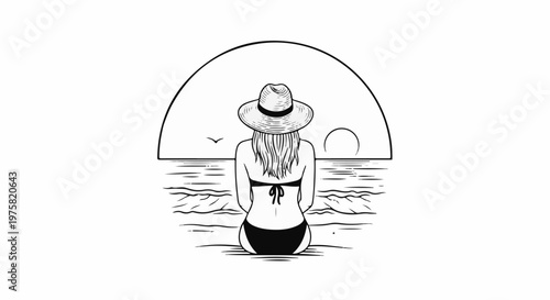 Woman in a sunhat sits on beach at sunset, looking at ocean