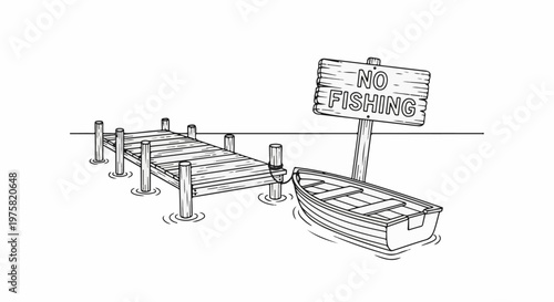 Wooden pier with a rowboat tied to a post near a "No Fishing" sign