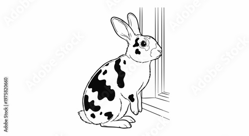 Black and white spotted rabbit sits beside a window frame