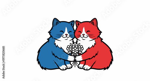 Two cartoon cats, one blue and one red, embracing and holding a bouquet