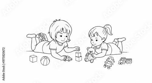 Two children lie on the floor, playing with toys
