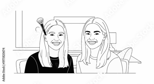 Two smiling young women, one with makeup brush in hair, in simple line art