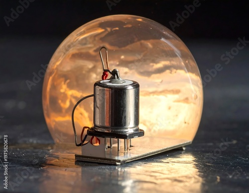 Miniature electronic component on a metallic base, placed before a glowing, translucent orb. Back lighting adds warmth