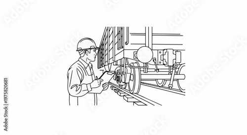 Worker in hard hat inspects train wheel and tracks, holding clipboard