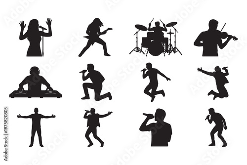 Music performer silhouettes featuring singer guitarist drummer violinist and dj on stage