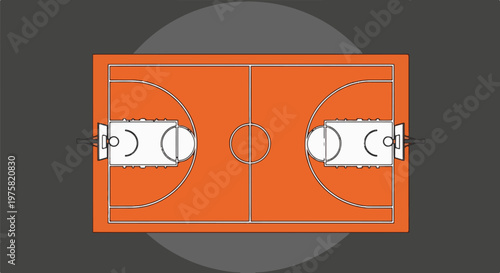 Aerial view of a stylized orange basketball court with white lines and backboards