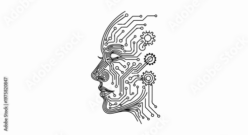 Abstract human profile with integrated circuitry and gears