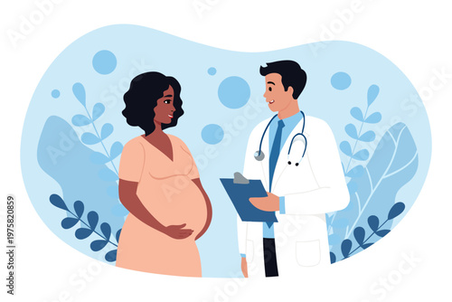 Pregnant woman consults with a doctor in a medical setting