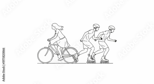 A woman cycles while two men rollerblade in this line art illustration