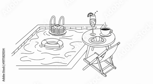 A refreshing poolside breakfast with coffee, pastry, and bubbly drink