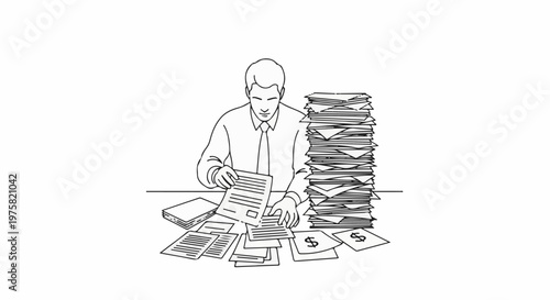 A man in a white shirt and tie is surrounded by stacks of papers and documents