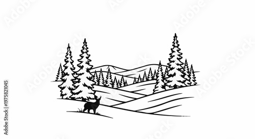 A minimalist line art of a winter forest scene with a deer grazing peacefully