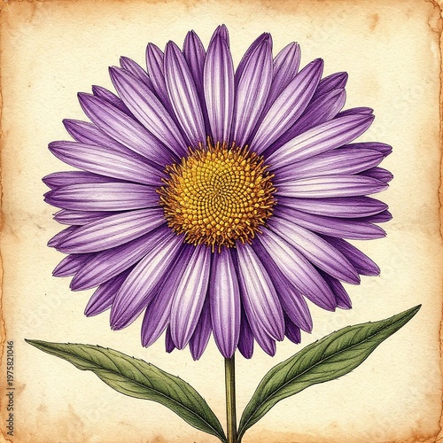 Vintage Aster flower botanical watercolor illustration on aged parchment