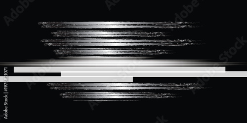 abstract digital light glitch background with horizontal lines and motion blur effect in black and white tones.