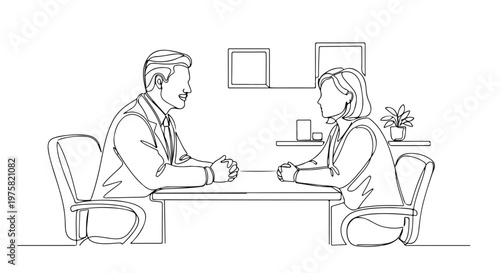 Continuous Line Drawing of Business Man and Woman Talking at Desk Vector