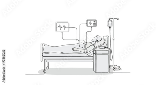 Patient in Hospital Bed with Medical Equipment Vector Illustration