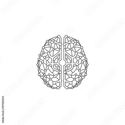 Geometric Brain with Hexagonal Grid Network Pattern, isolated white background.