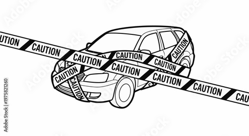 A car is taped off with caution tape against a white background
