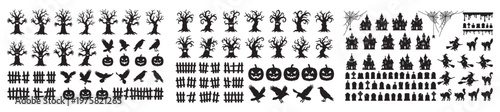 Large collection of halloween silhouettes with haunted houses spooky trees bats and pumpkins