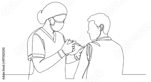 Continuous Line Drawing of Nurse Giving Patient Vaccine Injection
