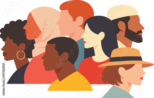 PrintDiverse group of people from different cultures representing inclusion and multicultural society flat vector illustration.