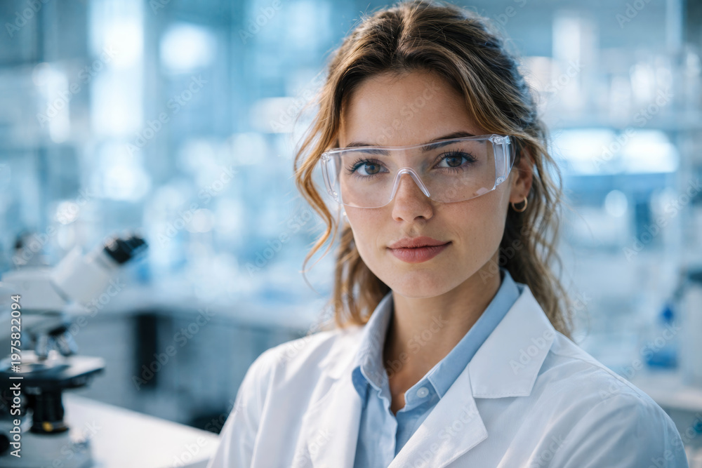 Fototapeta premium Young woman scientist wearing glasses in laboratory environment