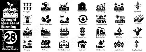 Drought resistant farming glyph icons, solid editable stocks collection.