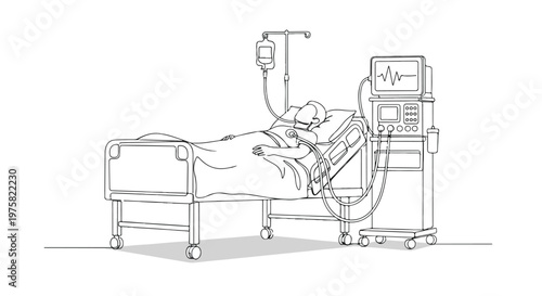 Medical Ventilator and IV Drip with Patient in Hospital Bed Vector Illustration