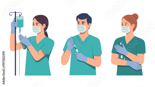 A group of essential healthcare workers are diligently performing their duties while wearing protective equipment.