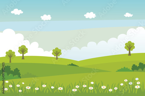 A peaceful landscape with green hills trees and a blue sky