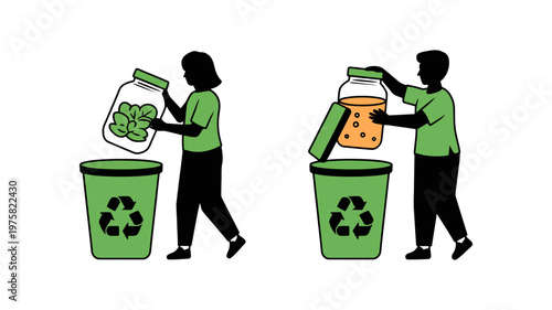 Two people are seen responsibly recycling glass jars into clearly marked green bins with recycling symbols.