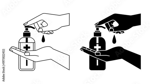 A hand pumps sanitizer from a dispenser into another hand, presented in both outline and solid icon styles.