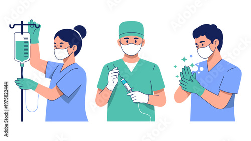 Three dedicated healthcare professionals wear masks and gloves while performing essential medical duties with precision.
