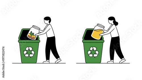 Two people responsibly dispose of various glass jars into green recycling bins, promoting environmental consciousness.