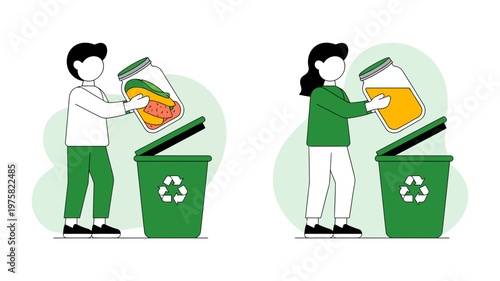 A man and a woman responsibly disposing of organic food waste into separate green recycling bins.