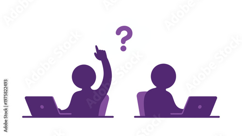 A purple stick figure raising a hand with a question mark above, seeking clarification during an online session.