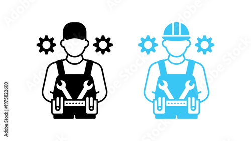 Dual icons of a mechanic or engineer wearing overalls and holding a wrench with gears.