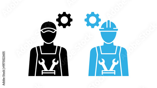 Icons representing skilled tradesmen or engineers, one with a cap and another with a protective hard hat.