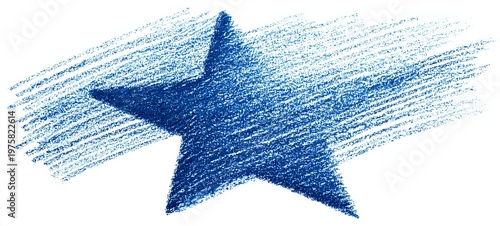 Blue star drawing with crayon effect on white background.