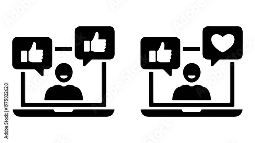 Digital illustration of social media interaction showing likes and a heart reaction on a laptop screen.