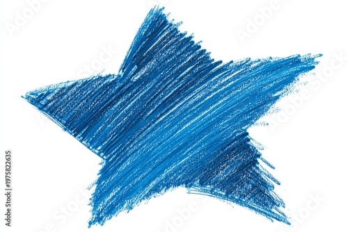 Blue star drawing with crayon on white background, simple art.