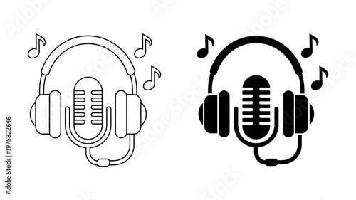 An icon set featuring headphones and a microphone with musical notes, representing audio and broadcasting.