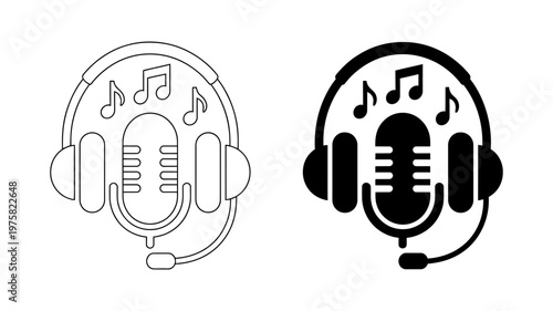 A clear graphic of headphones and a microphone with floating musical notes, designed for audio themes.