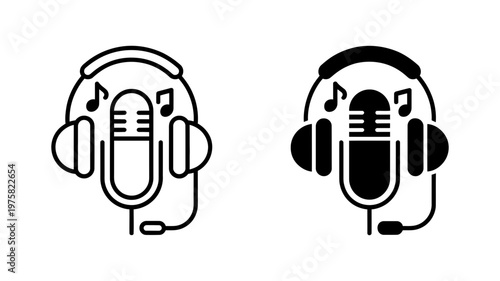 Black and white icons illustrating headphones with a microphone and music notes, perfect for audio concepts.