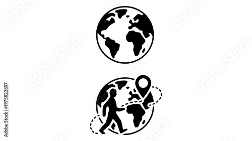Two distinct globe icons, one simple and the other showing a person walking around the world.